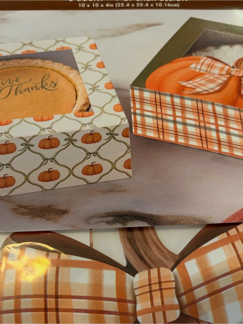 Autumn Pumpkin pie Boxes Orange Plaid & Pumpkin Pattern 10” x 10” x 4” NEW
